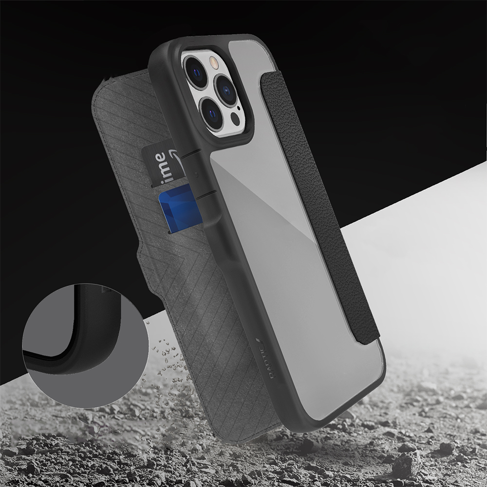 Apple iPhone 13 Pro Max Uyumlu Kılıf Vegan Deri Tasarımlı Şeffaf Arka Yüzey Kartlıklı Raptic Urban Folio Serisi Kapak - 4