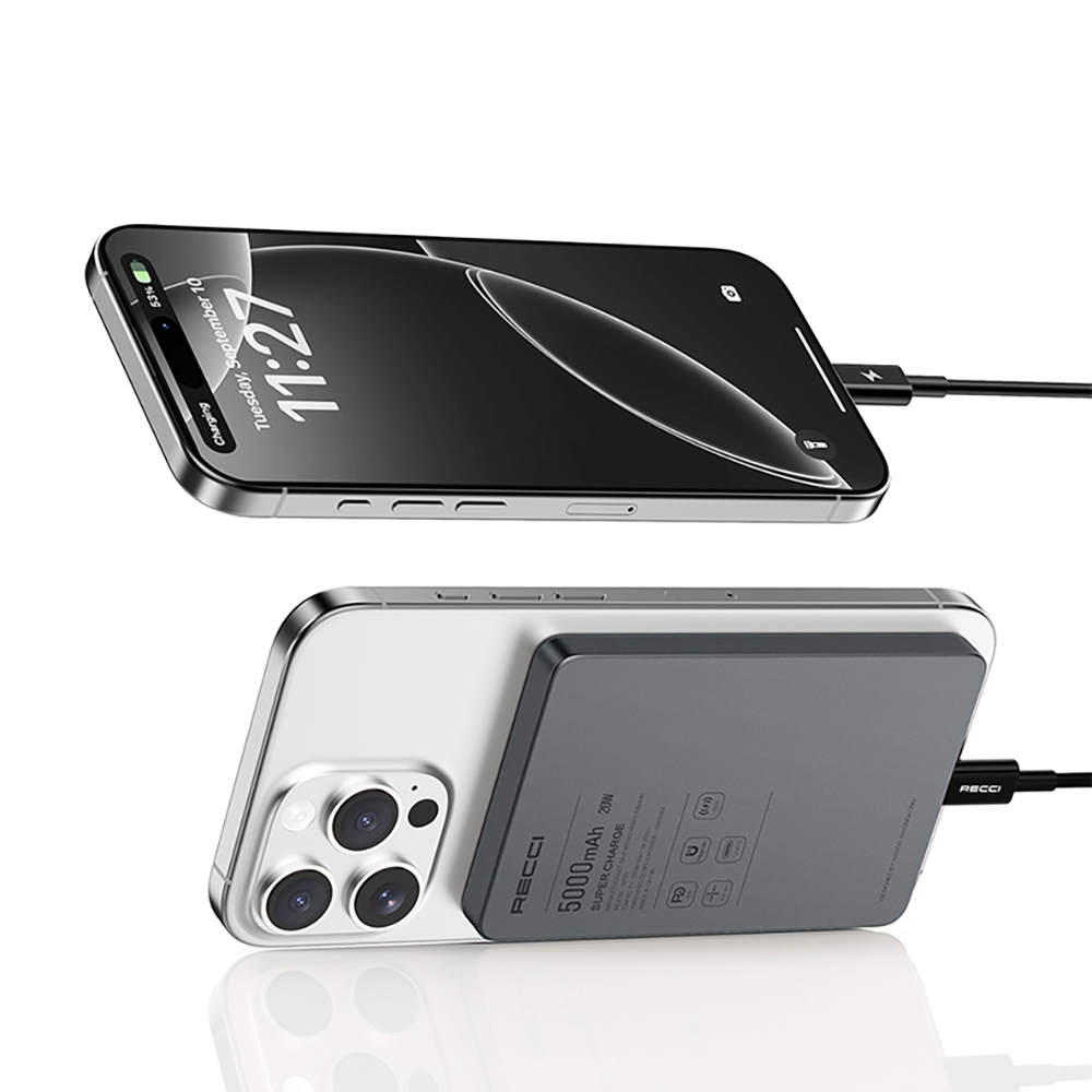 Recci RP33 PD 20W Ultra İnce Led Göstergeli Hızlı Şarj Özellikli Wireless Powerbank 15W 5000mAh - 12