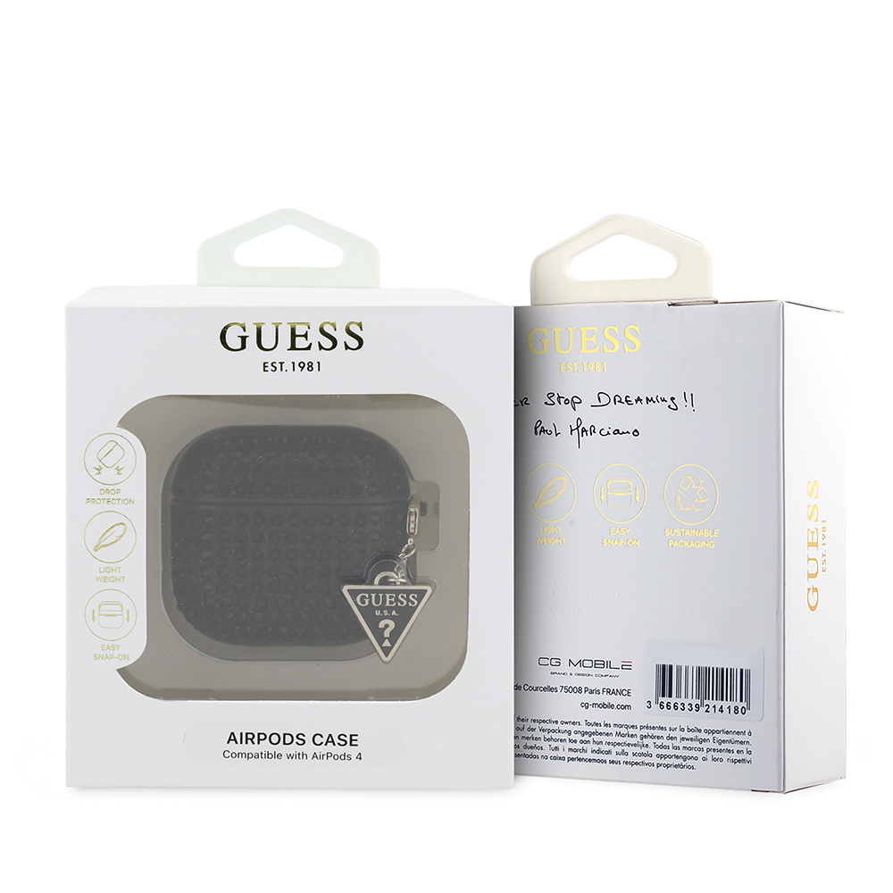 Apple Airpods 4 Uyumlu Kılıf Guess Orjinal Lisanslı Parıltılı Taş Kaplamalı Üçgen Logo Süs Zincirli Kapak - 4