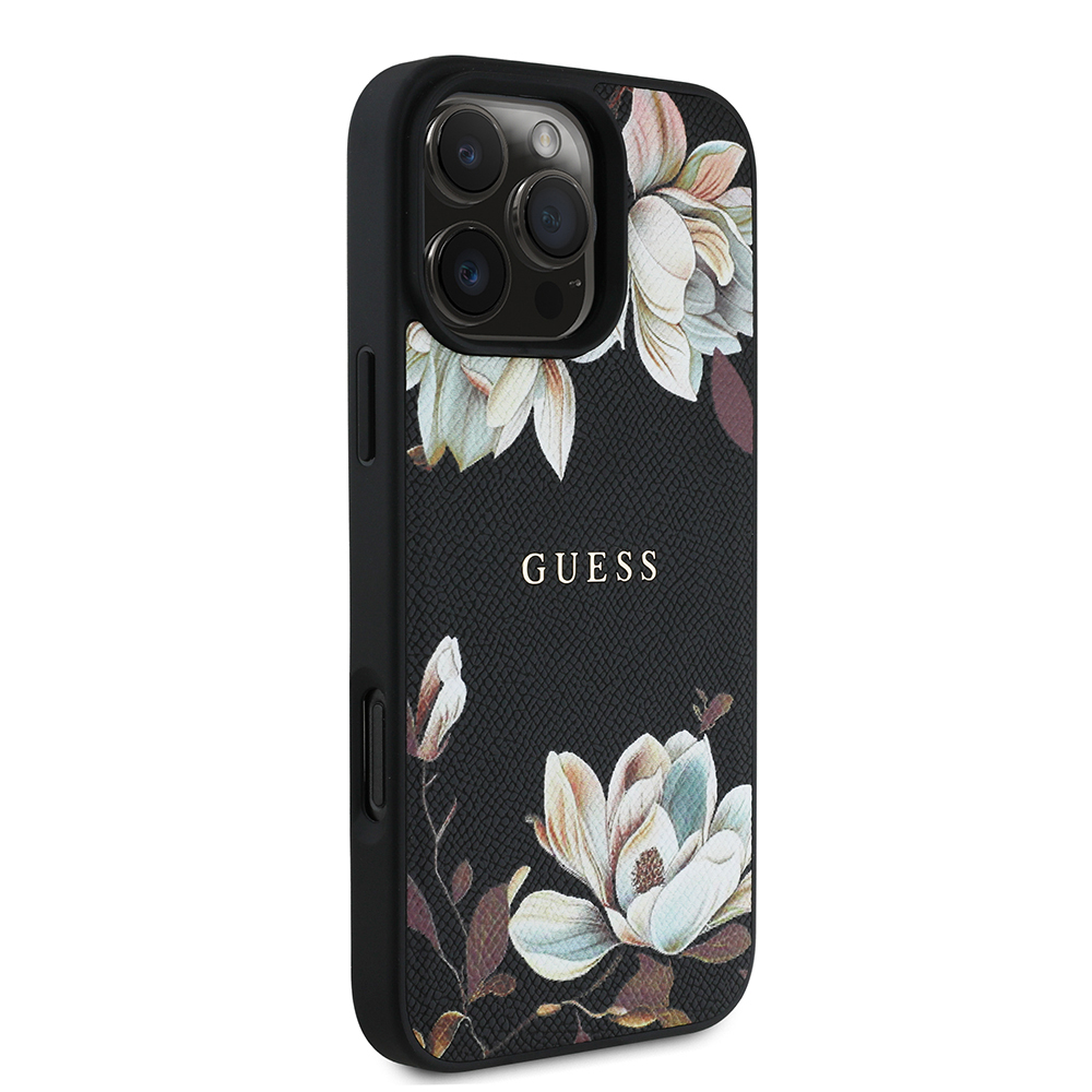 Apple iPhone 16 Pro Uyumlu Kılıf Guess Orjinal Lisanslı Magsafe Şarj Özellikli Taneli Çiçek Tasarımlı Metal Yazı Logolu Kapak - 1