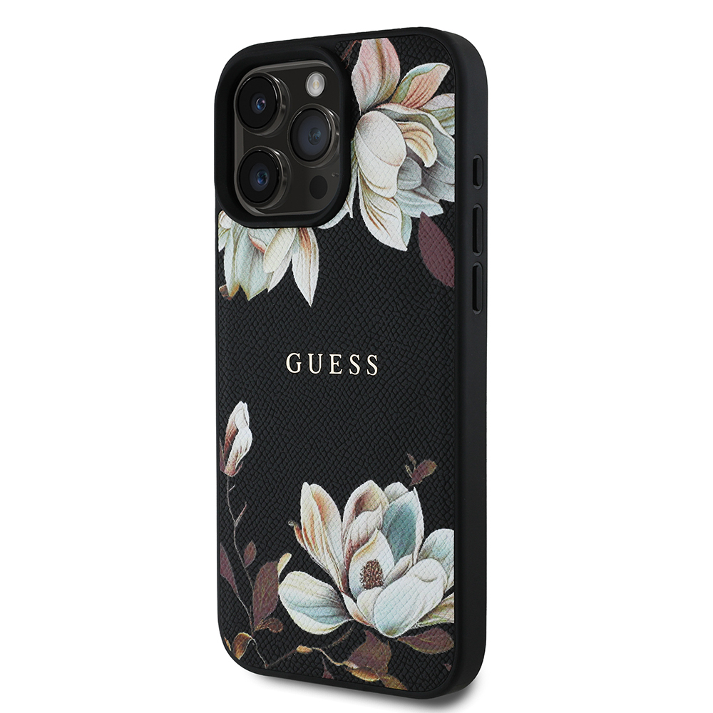 Apple iPhone 16 Pro Uyumlu Kılıf Guess Orjinal Lisanslı Magsafe Şarj Özellikli Taneli Çiçek Tasarımlı Metal Yazı Logolu Kapak - 2