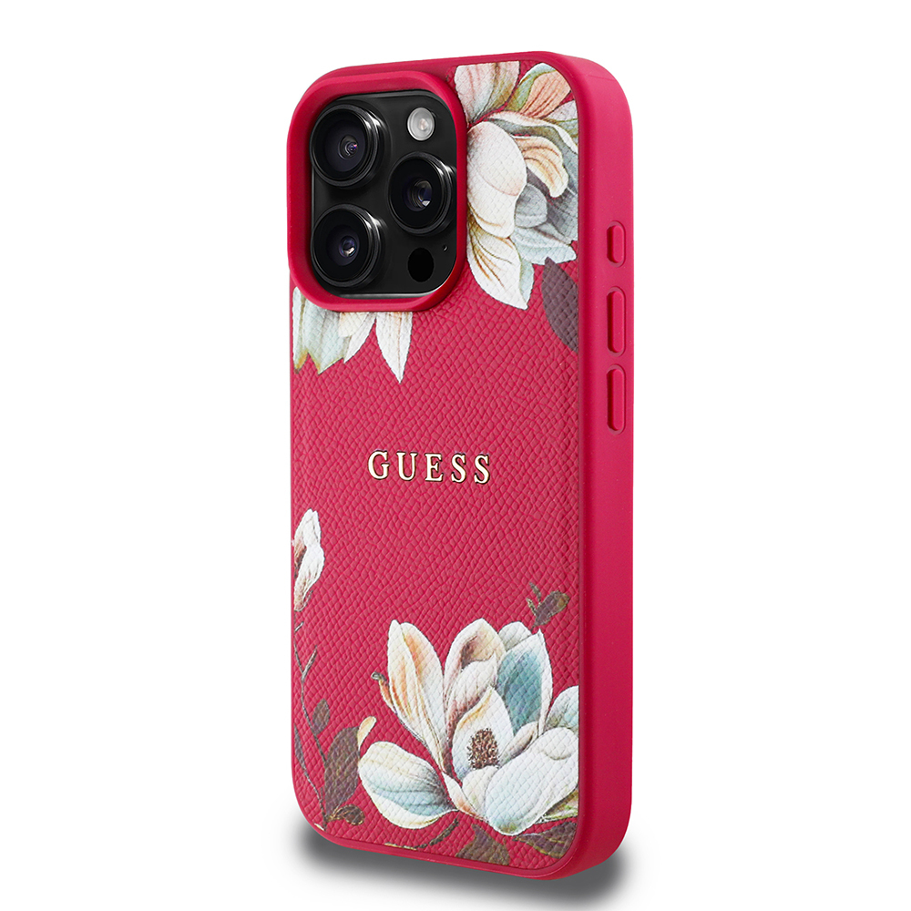Apple iPhone 16 Pro Uyumlu Kılıf Guess Orjinal Lisanslı Magsafe Şarj Özellikli Taneli Çiçek Tasarımlı Metal Yazı Logolu Kapak - 15