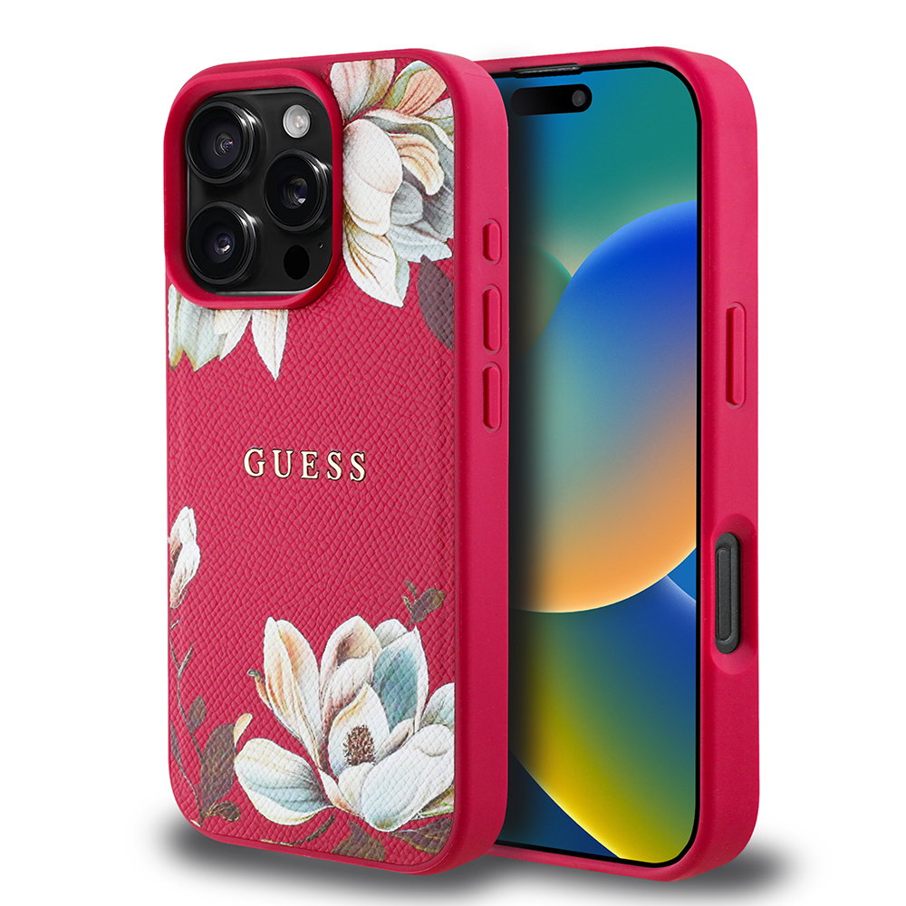 Apple iPhone 16 Pro Uyumlu Kılıf Guess Orjinal Lisanslı Magsafe Şarj Özellikli Taneli Çiçek Tasarımlı Metal Yazı Logolu Kapak - 20