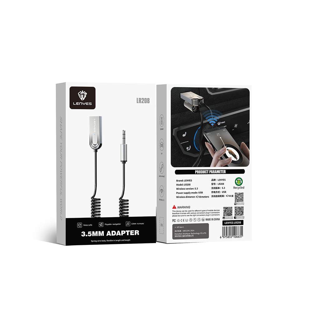 Lenyes LR208 Spiral Kablo Tasarımlı Dahili Mikrofonlu Kablosuz Ses Alıcı AUX Bluetooth v5.3 Adaptör - 1
