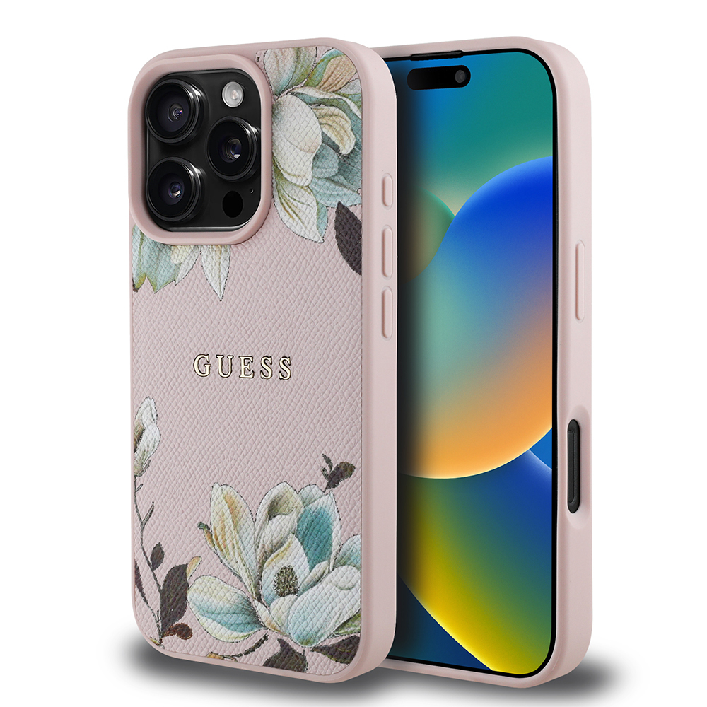 Apple iPhone 16 Pro Max Uyumlu Kılıf Guess Orjinal Lisanslı Magsafe Şarj Özellikli Taneli Çiçek Tasarımlı Metal Yazı Logolu Kapak - 5