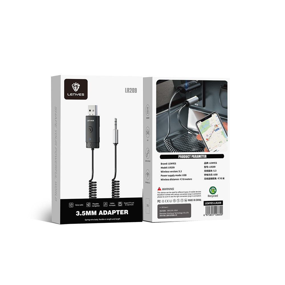 Lenyes LR209 Spiral Kablo Tasarımlı Dahili Mikrofonlu Kablosuz Ses Alıcı AUX Bluetooth v5.3 Adaptör - 1