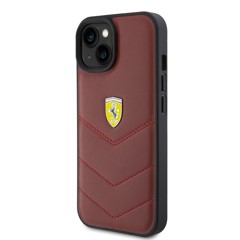 Apple iPhone 15 Uyumlu Kılıf Ferrari Orjinal Lisanslı Deri Dikişli Arka Yüzey Metal Logo Tasarımlı Kapak - 1