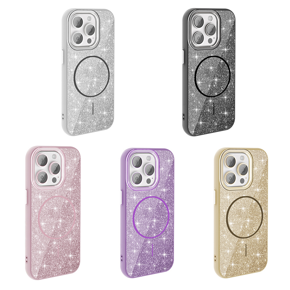 Apple iPhone 15 Pro Uyumlu Kılıf Magsafe Şarj Özellikli Parlayan Simli Zore Okso Kapak - 1