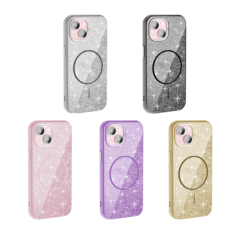 Apple iPhone 15 Uyumlu Kılıf Magsafe Şarj Özellikli Parlayan Simli Zore Okso Kapak - 1