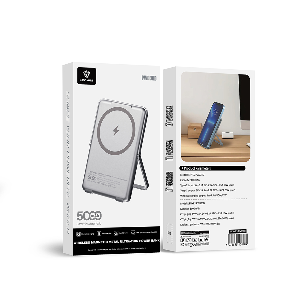 Lenyes PW038D 20W Ultra İnce Standlı Wireless Powerbank 15W 5000mAh - 7