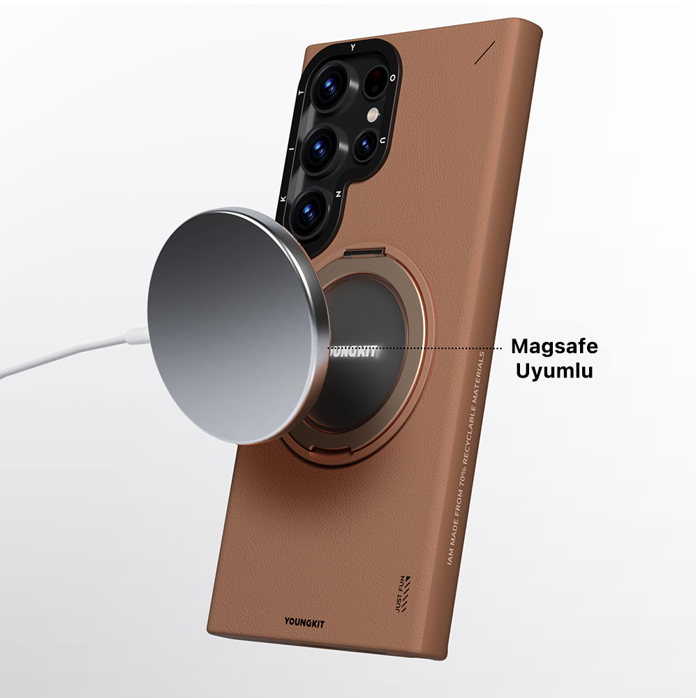 Samsung Galaxy S24 Ultra Uyumlu Kılıf Magsafe Şarj Özellikli 360° Standlı Basit Mat Deri Desenli Youngkit Tech Leather Serisi Kapak - 9