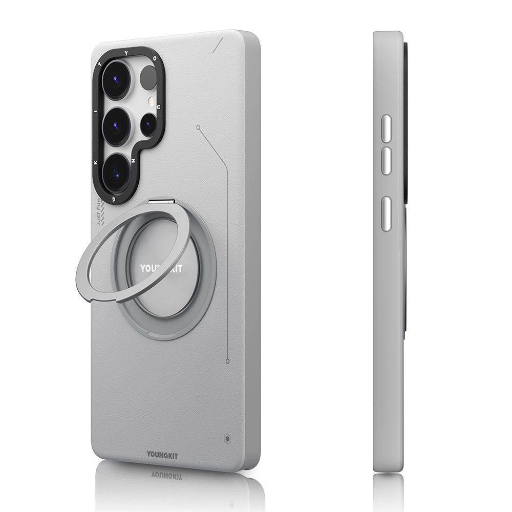 Samsung Galaxy S25 Ultra Uyumlu Kılıf Magsafe Şarj Özellikli 360° Standlı Basit Mat Deri Desenli Youngkit Tech Leather Serisi Kapak - 1