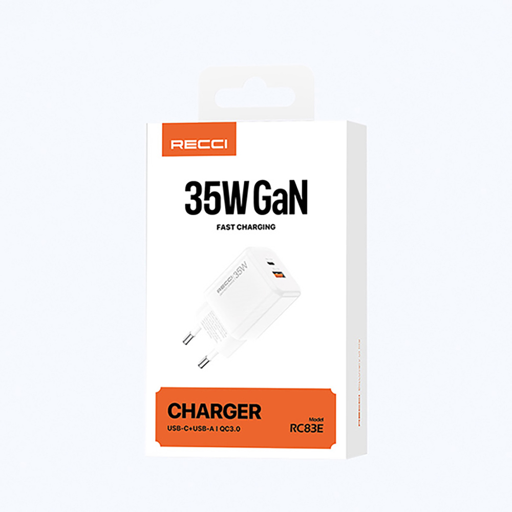 Recci RC83E Type-C PD & USB-A GaN Teknolojili QC3.0 Hızlı Şarj Başlığı 35W - 8