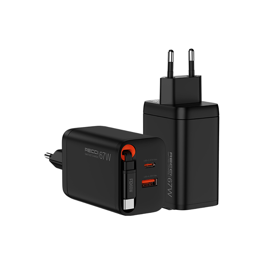 Recci RC103E GaN Teknolojili Hızlı Şarj Başlığı USB-A to Type-C PD 67W Type-C Kablolu Şarj Seti - 1