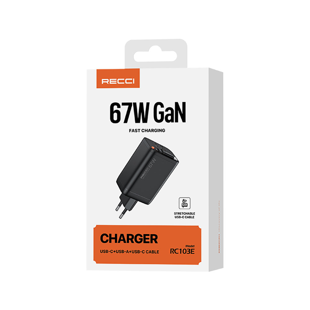 Recci RC103E GaN Teknolojili Hızlı Şarj Başlığı USB-A to Type-C PD 67W Type-C Kablolu Şarj Seti - 4