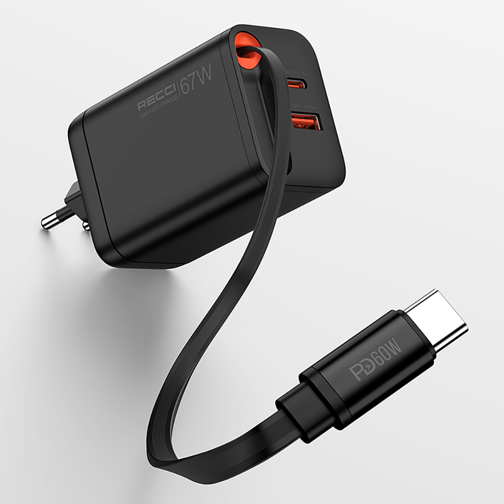 Recci RC103E GaN Teknolojili Hızlı Şarj Başlığı USB-A to Type-C PD 67W Type-C Kablolu Şarj Seti - 5