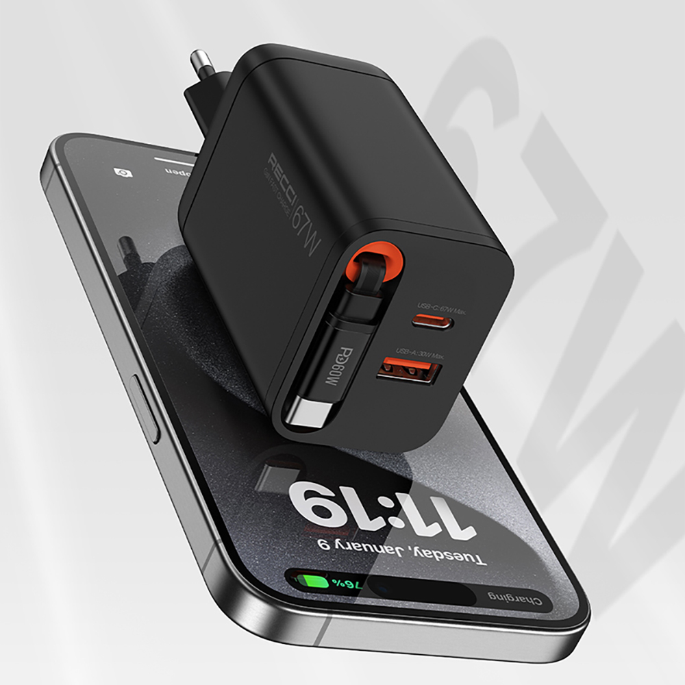 Recci RC103E GaN Teknolojili Hızlı Şarj Başlığı USB-A to Type-C PD 67W Type-C Kablolu Şarj Seti - 6