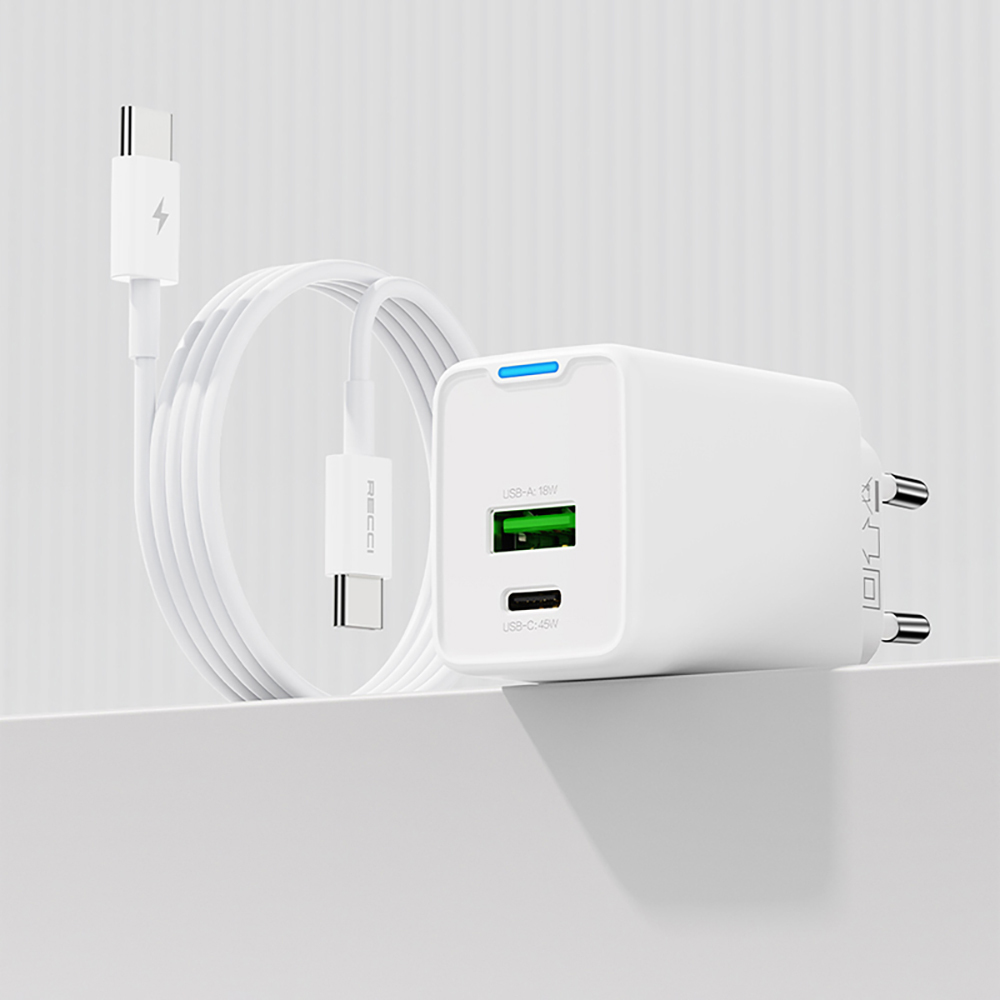 Recci RC108E GaN Teknolojili Hızlı Şarj Başlığı Type-C to Type-C PD 45W Kablolu Şarj Seti - 5