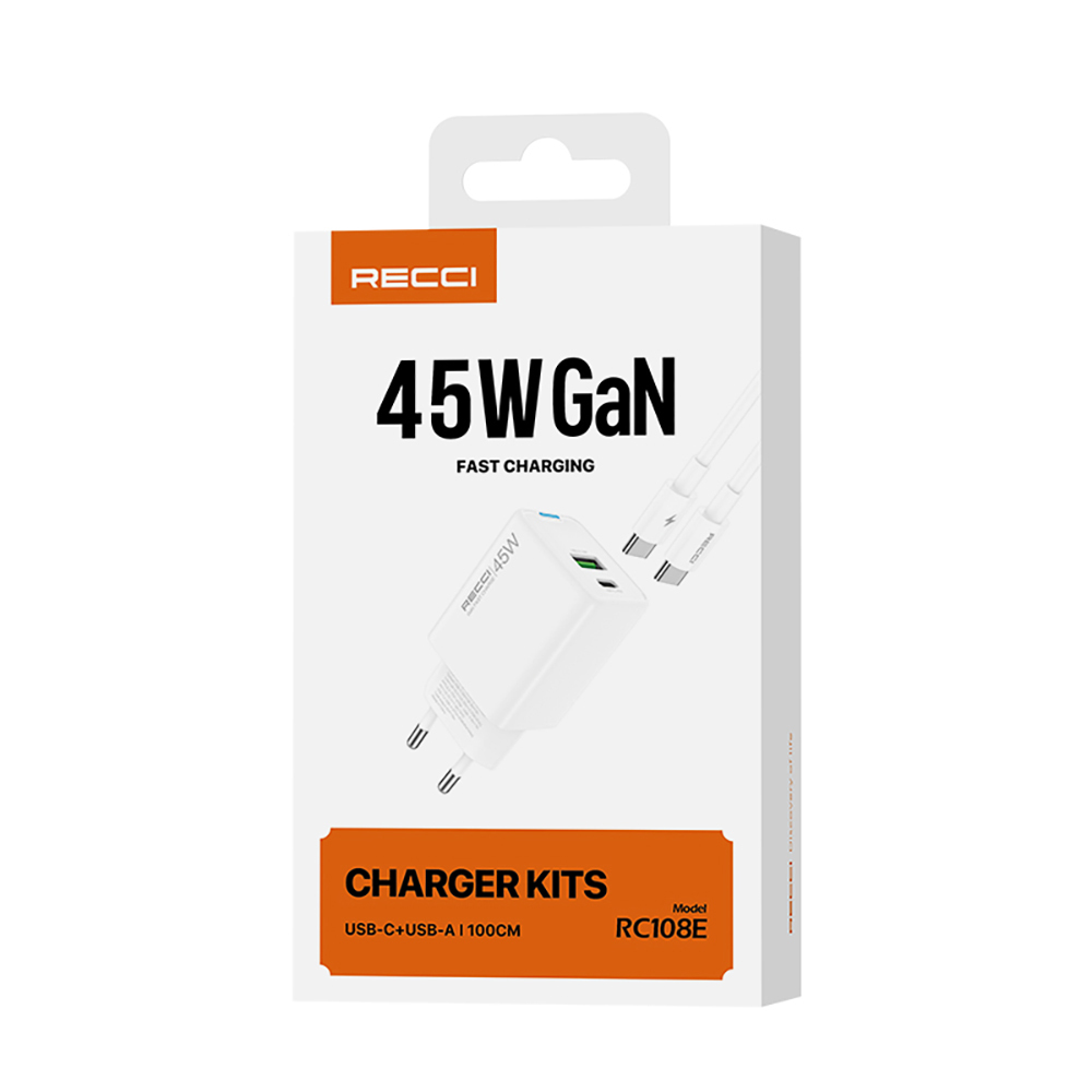 Recci RC108E GaN Teknolojili Hızlı Şarj Başlığı Type-C to Type-C PD 45W Kablolu Şarj Seti - 10