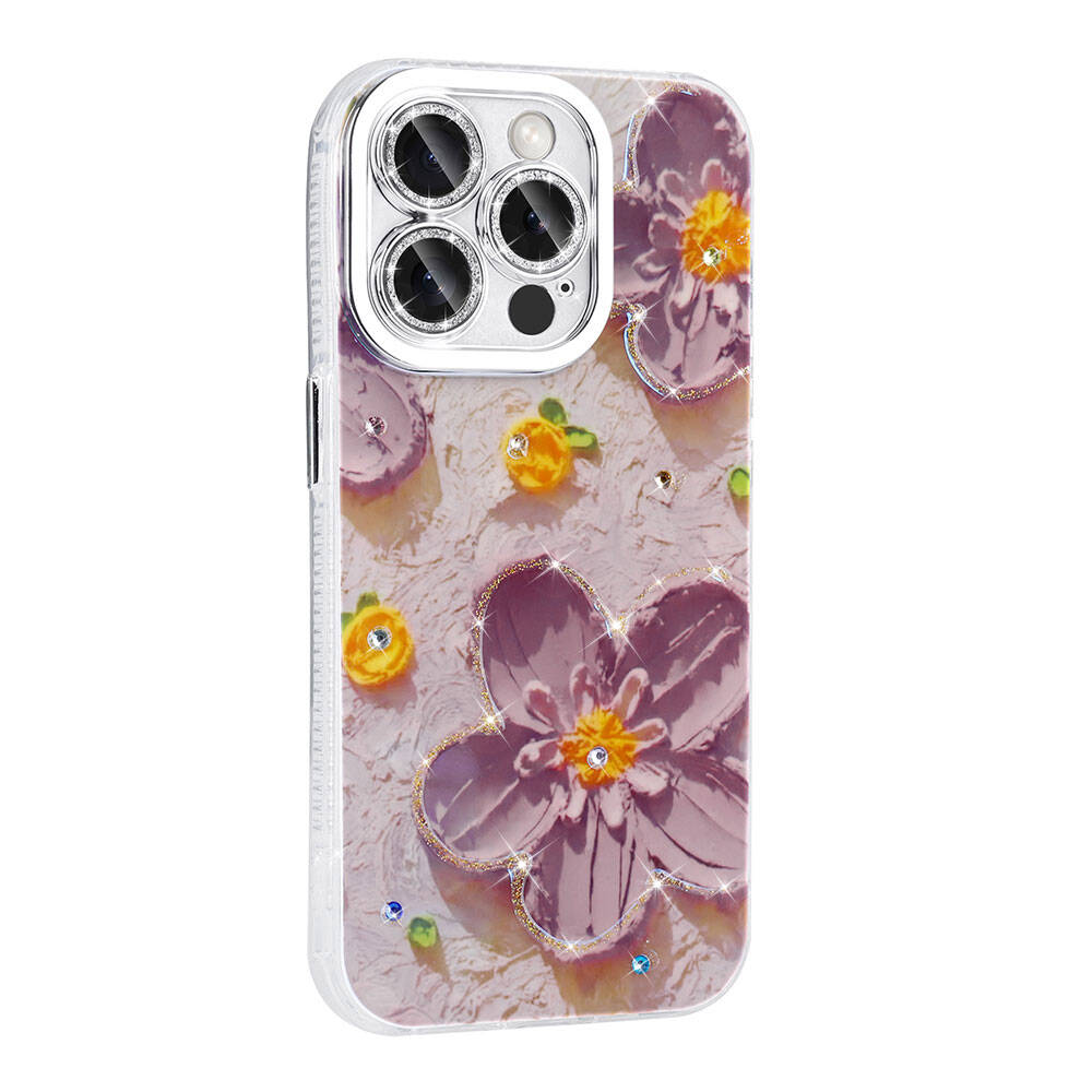 Apple iPhone 14 Pro Max Uyumlu Kılıf Çiçek Desenli Parlak Taşlı Sert Silikon Zore Garden Kapak - 2