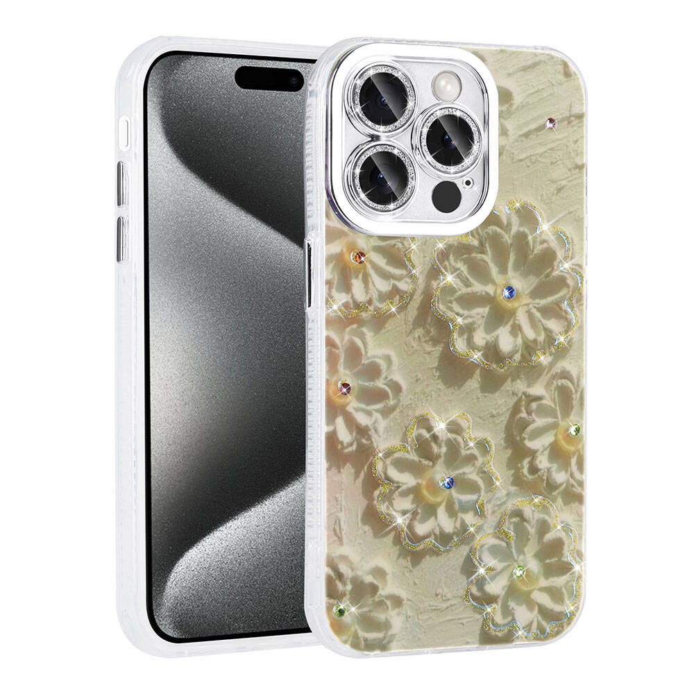 Apple iPhone 14 Pro Max Uyumlu Kılıf Çiçek Desenli Parlak Taşlı Sert Silikon Zore Garden Kapak - 6