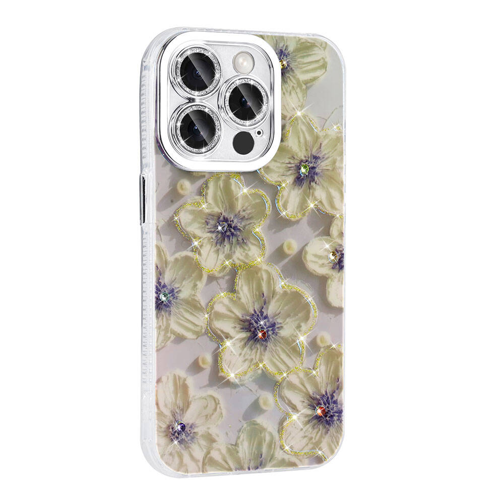 Apple iPhone 14 Pro Max Uyumlu Kılıf Çiçek Desenli Parlak Taşlı Sert Silikon Zore Garden Kapak - 8