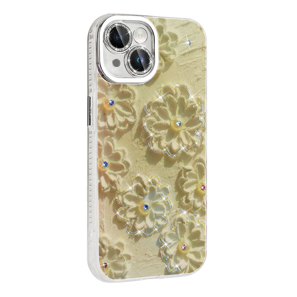 Apple iPhone 15 Uyumlu Kılıf Çiçek Desenli Parlak Taşlı Sert Silikon Zore Garden Kapak - 8