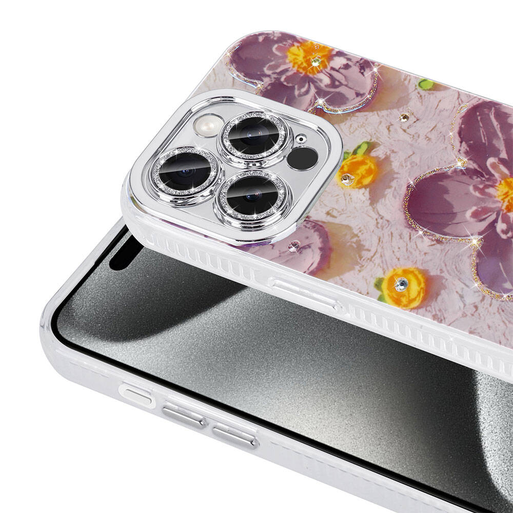 Apple iPhone 15 Pro Uyumlu Kılıf Çiçek Desenli Parlak Taşlı Sert Silikon Zore Garden Kapak - 2