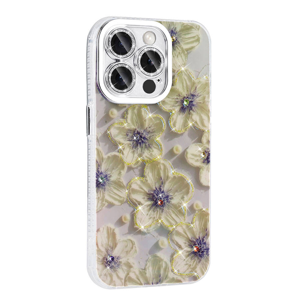 Apple iPhone 15 Pro Uyumlu Kılıf Çiçek Desenli Parlak Taşlı Sert Silikon Zore Garden Kapak - 9