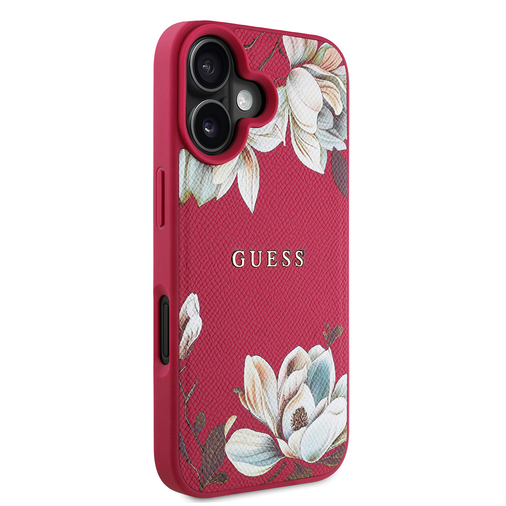 Apple iPhone 16 Uyumlu Kılıf Guess Orjinal Lisanslı Magsafe Şarj Özellikli Taneli Çiçek Tasarımlı Metal Yazı Logolu Kapak - 10