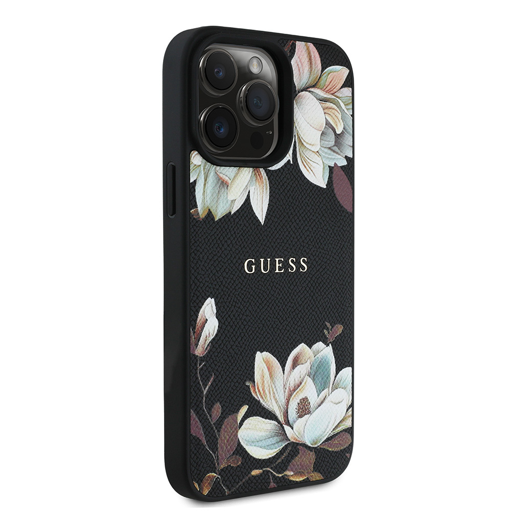 Apple iPhone 15 Pro Max Uyumlu Kılıf Guess Orjinal Lisanslı Magsafe Şarj Özellikli Taneli Çiçek Tasarımlı Metal Yazı Logolu Kapak - 2