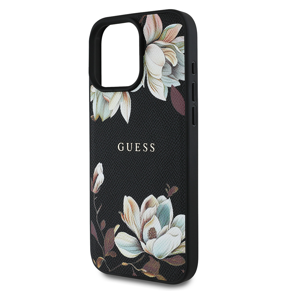 Apple iPhone 15 Pro Max Uyumlu Kılıf Guess Orjinal Lisanslı Magsafe Şarj Özellikli Taneli Çiçek Tasarımlı Metal Yazı Logolu Kapak - 3