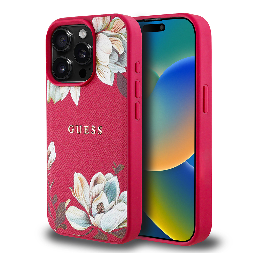 Apple iPhone 15 Pro Max Uyumlu Kılıf Guess Orjinal Lisanslı Magsafe Şarj Özellikli Taneli Çiçek Tasarımlı Metal Yazı Logolu Kapak - 8