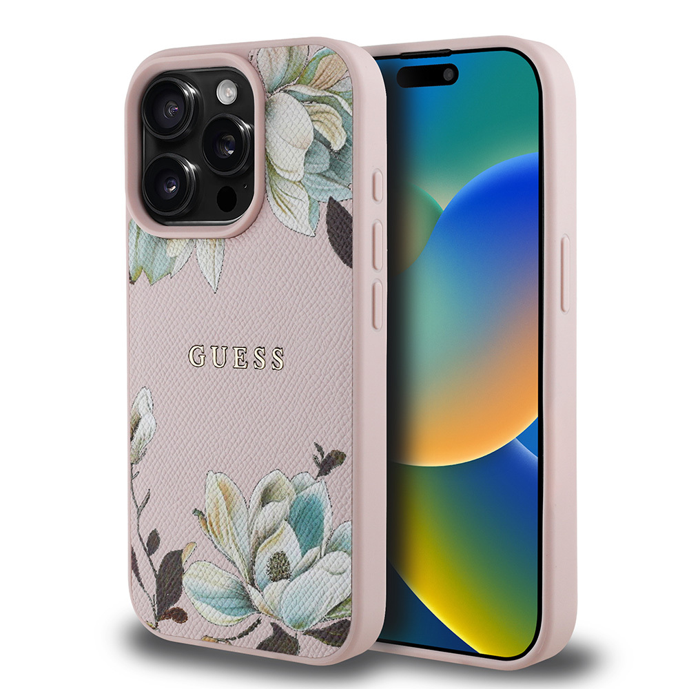 Apple iPhone 15 Pro Max Uyumlu Kılıf Guess Orjinal Lisanslı Magsafe Şarj Özellikli Taneli Çiçek Tasarımlı Metal Yazı Logolu Kapak - 15