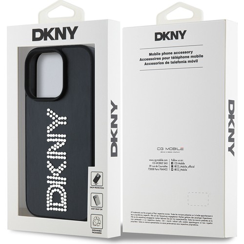 Apple iPhone 15 Pro Max Uyumlu Kılıf DKNY Orjinal Lisanslı Taşlı DKNY Yazılı Metalik Rhinestones PU Deri Kapak