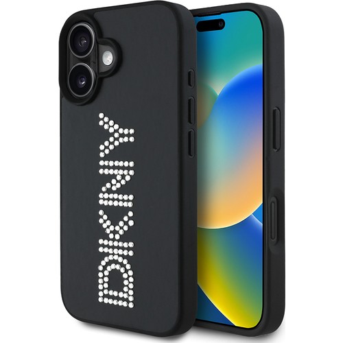 Apple iPhone 16 Uyumlu Kılıf DKNY Orjinal Lisanslı Taşlı DKNY Yazılı Metalik Rhinestones PU Deri Kapak
