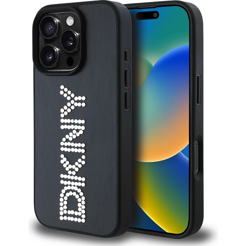 Apple iPhone 16 Pro Uyumlu Kılıf DKNY Orjinal Lisanslı Taşlı DKNY Yazılı Metalik Rhinestones PU Deri Kapak