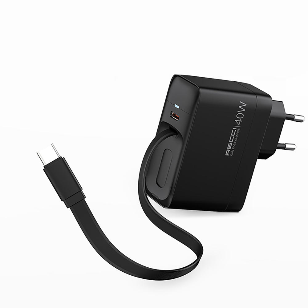 Recci RC102E GaN Teknolojili Hızlı Şarj Başlığı USB-A to Type-C PD 40W Type-C Kablolu Şarj Seti - 1