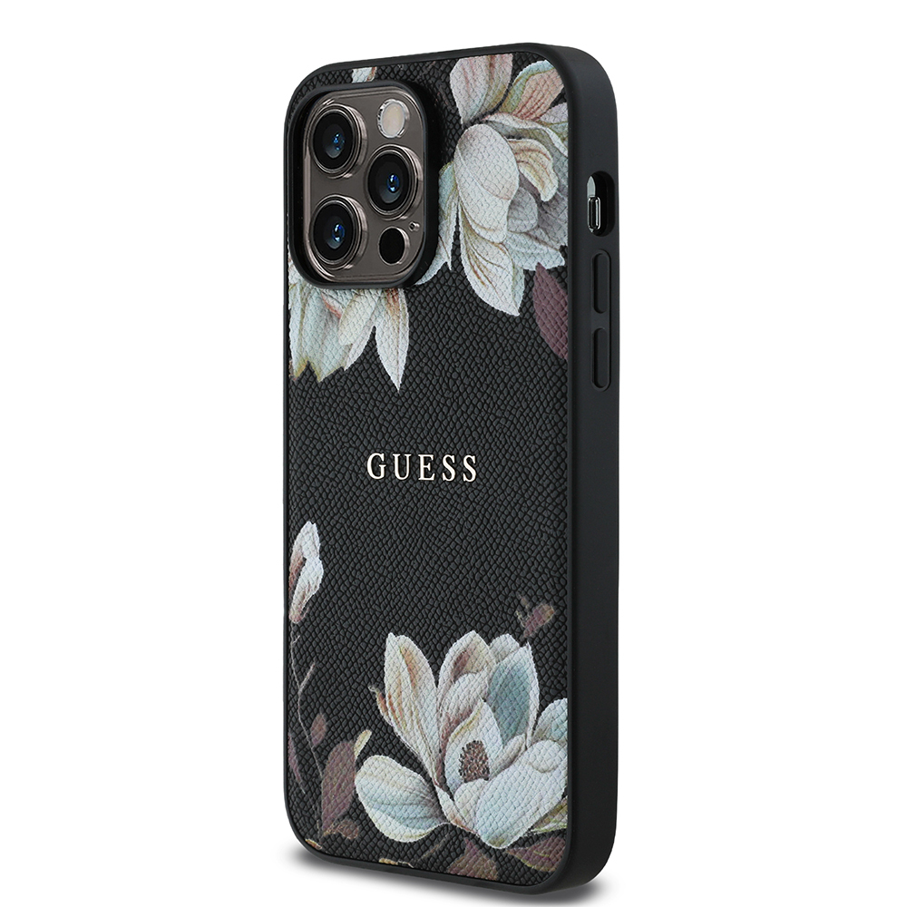 Apple iPhone 14 Pro Max Uyumlu Kılıf Guess Orjinal Lisanslı M-safe Şarj Özellikli Taneli Çiçek Tasarımlı Metal Yazı Logolu Kapak - 1