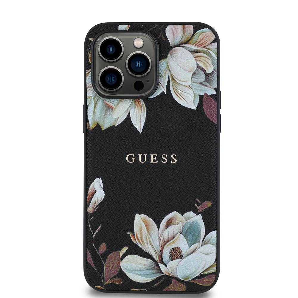 Apple iPhone 14 Pro Max Uyumlu Kılıf Guess Orjinal Lisanslı M-safe Şarj Özellikli Taneli Çiçek Tasarımlı Metal Yazı Logolu Kapak - 2