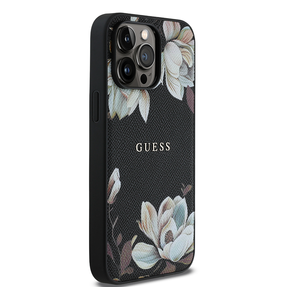 Apple iPhone 14 Pro Max Uyumlu Kılıf Guess Orjinal Lisanslı M-safe Şarj Özellikli Taneli Çiçek Tasarımlı Metal Yazı Logolu Kapak - 3