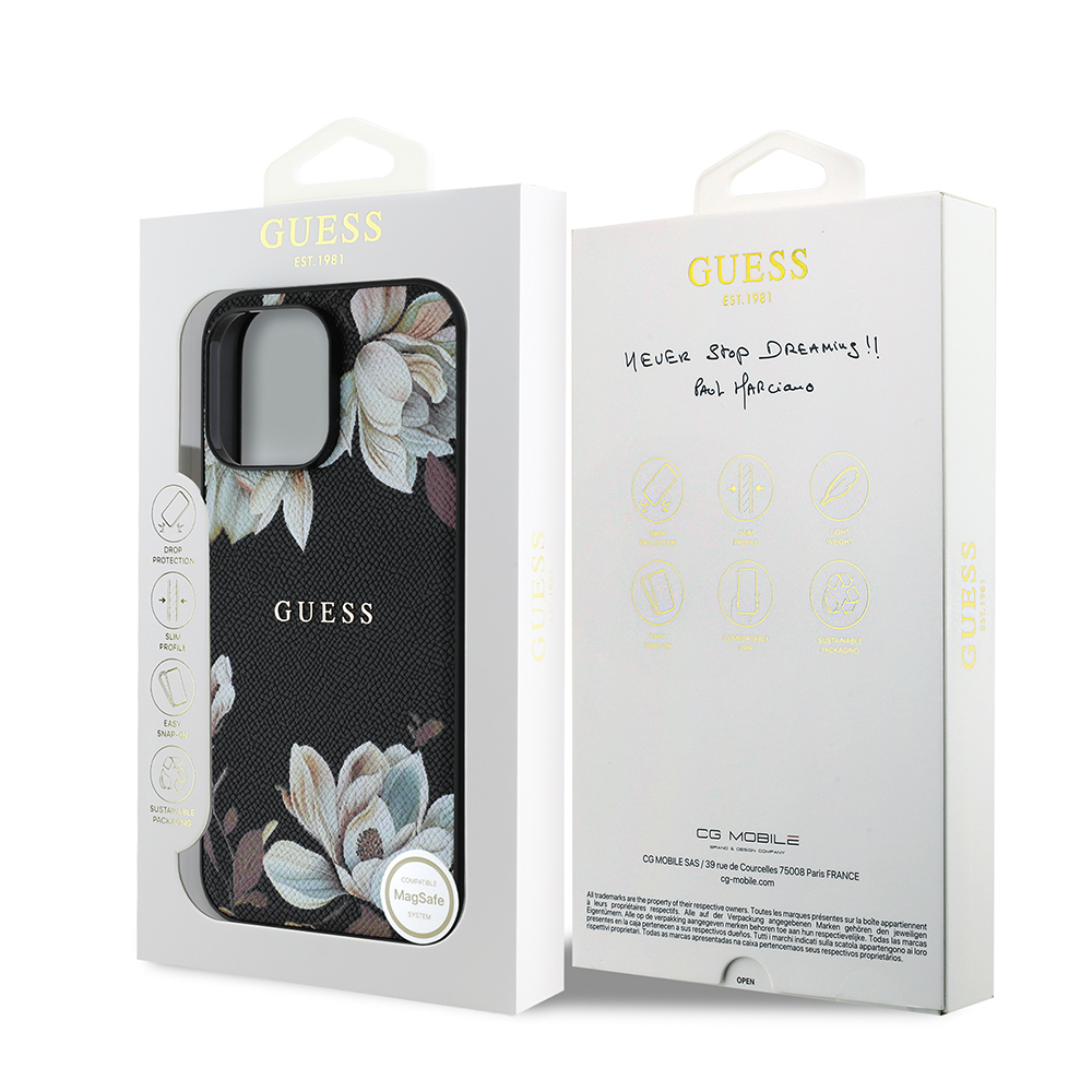 Apple iPhone 14 Pro Max Uyumlu Kılıf Guess Orjinal Lisanslı M-safe Şarj Özellikli Taneli Çiçek Tasarımlı Metal Yazı Logolu Kapak - 7