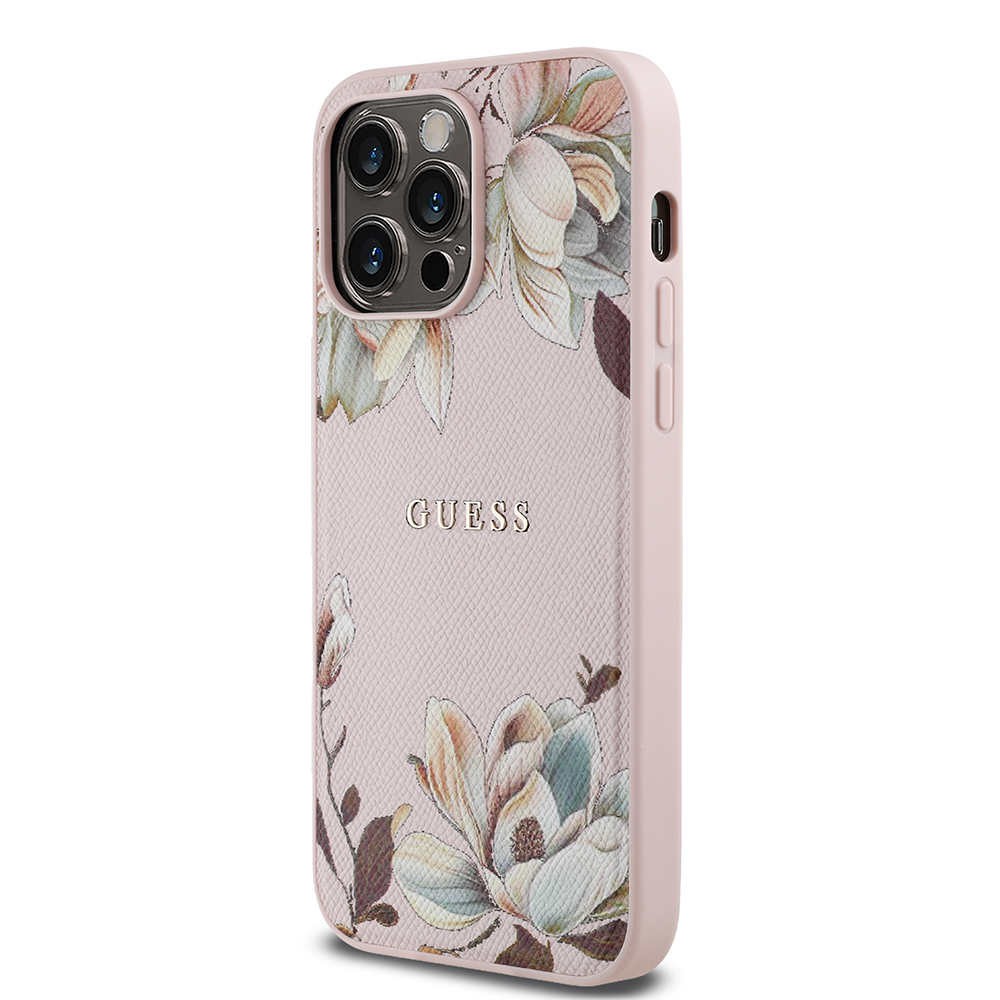 Apple iPhone 14 Pro Max Uyumlu Kılıf Guess Orjinal Lisanslı M-safe Şarj Özellikli Taneli Çiçek Tasarımlı Metal Yazı Logolu Kapak - 8