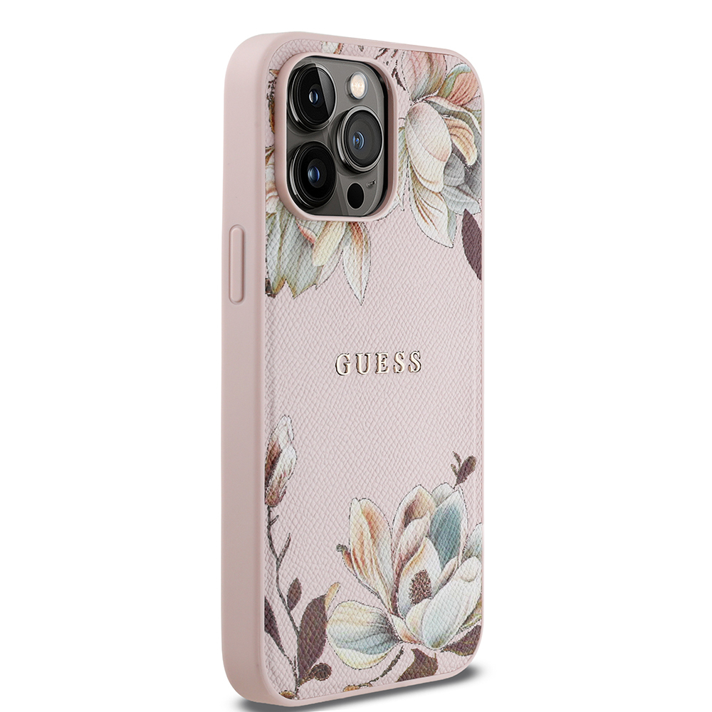 Apple iPhone 14 Pro Max Uyumlu Kılıf Guess Orjinal Lisanslı M-safe Şarj Özellikli Taneli Çiçek Tasarımlı Metal Yazı Logolu Kapak - 10