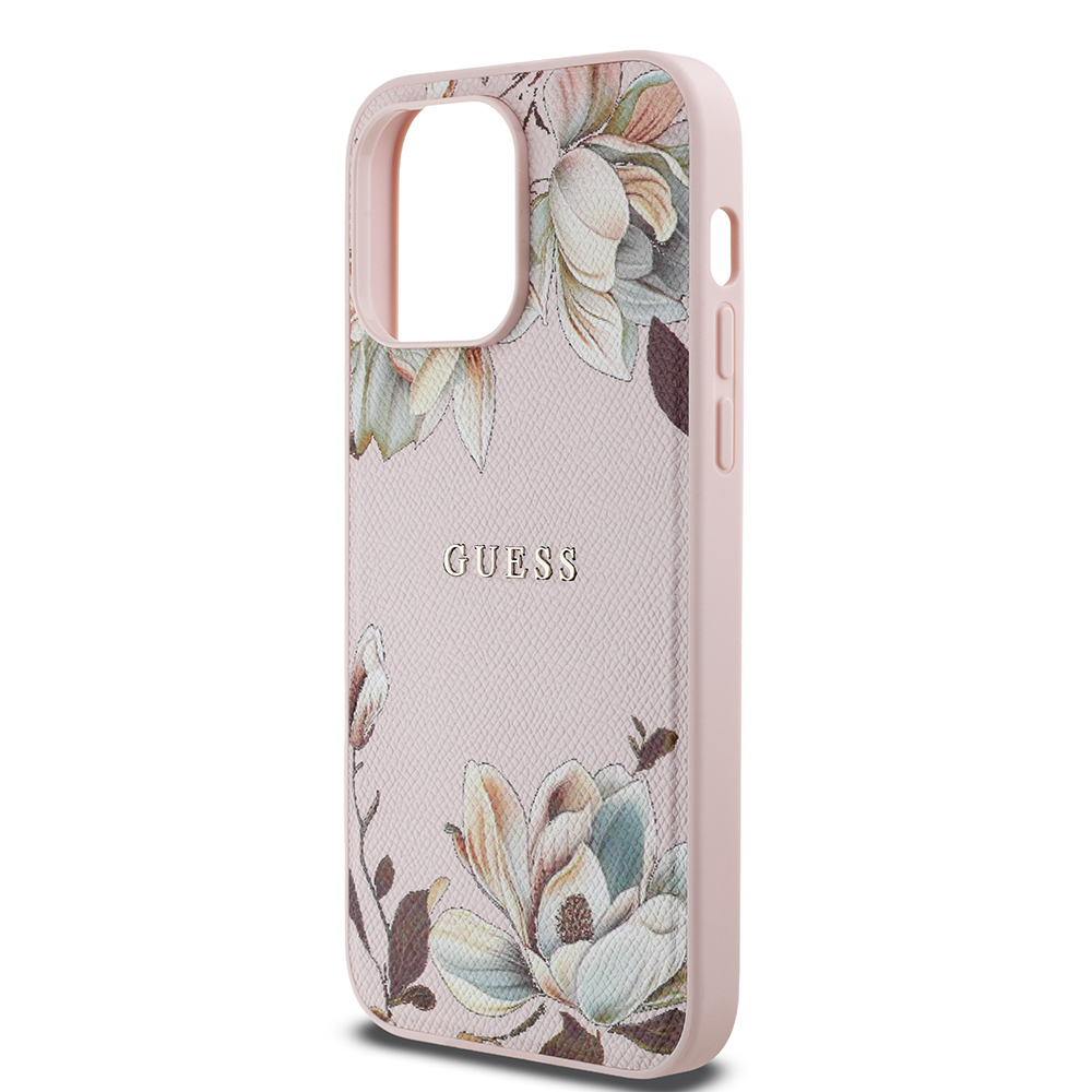 Apple iPhone 14 Pro Max Uyumlu Kılıf Guess Orjinal Lisanslı M-safe Şarj Özellikli Taneli Çiçek Tasarımlı Metal Yazı Logolu Kapak - 12