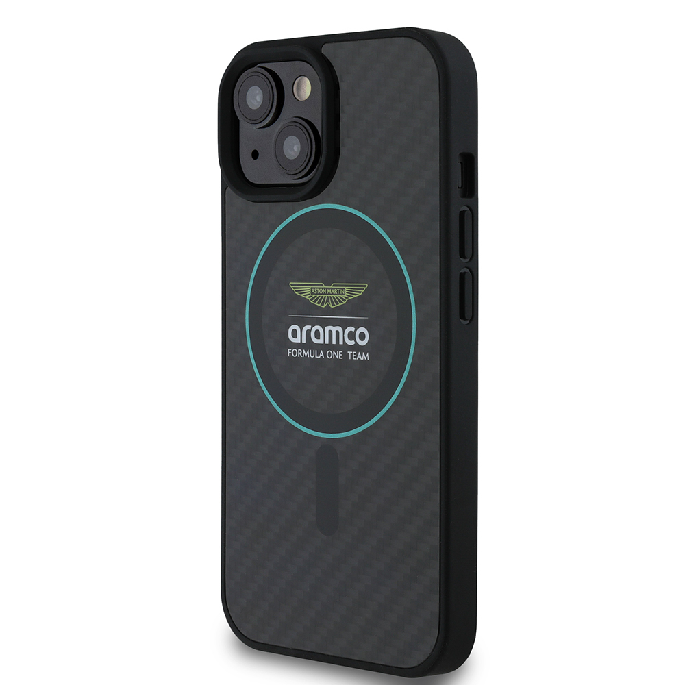 Apple iPhone 15 Uyumlu Kılıf Aston Martin Orjinal Lisanslı M-safe Şarj Özellikli Renkli Halka ve Karbon Fiber Tasarımlı Kapak - 1
