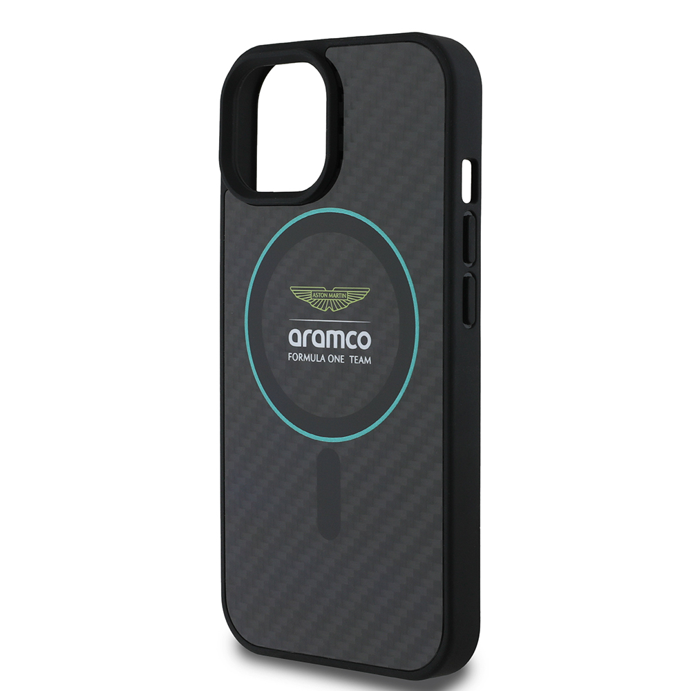 Apple iPhone 15 Uyumlu Kılıf Aston Martin Orjinal Lisanslı M-safe Şarj Özellikli Renkli Halka ve Karbon Fiber Tasarımlı Kapak - 5
