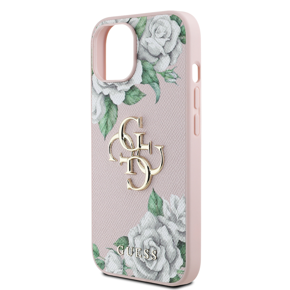 Apple iPhone 15 Uyumlu Kılıf Guess Orjinal Lisanslı Gül Baskılı Büyük Metal Logo Dizaynlı Kapak - 12