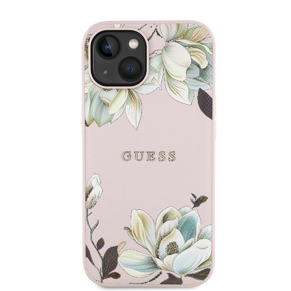 Apple iPhone 15 Uyumlu Kılıf Guess Orjinal Lisanslı M-safe Şarj Özellikli Taneli Çiçek Tasarımlı Metal Yazı Logolu Kapak - 2