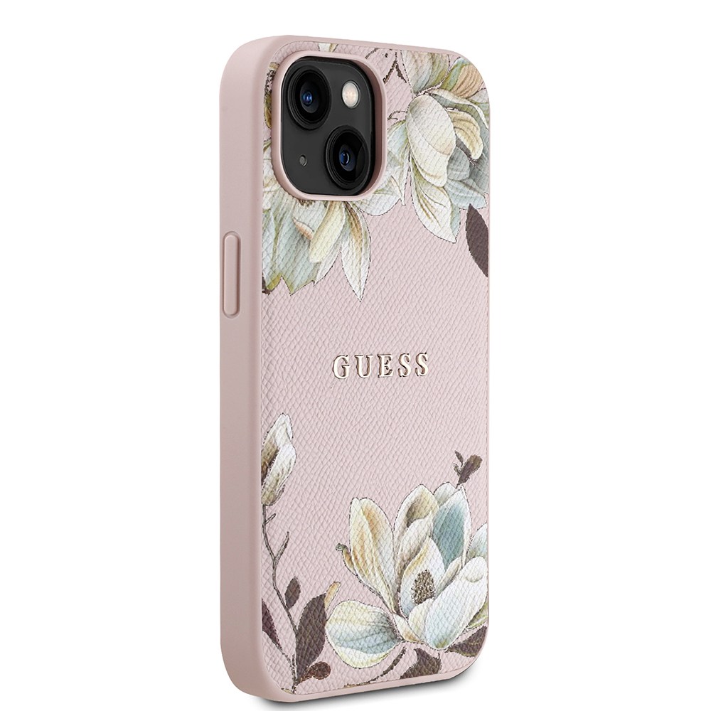 Apple iPhone 15 Uyumlu Kılıf Guess Orjinal Lisanslı M-safe Şarj Özellikli Taneli Çiçek Tasarımlı Metal Yazı Logolu Kapak - 3